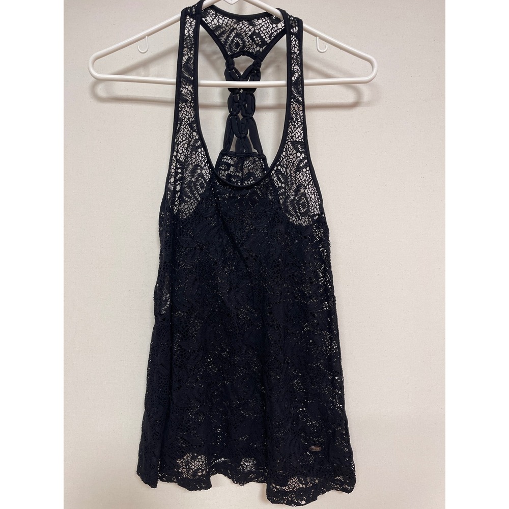 Laura Black Floral Lace Braided Racerback Tank Top Sheer Boho Size Small